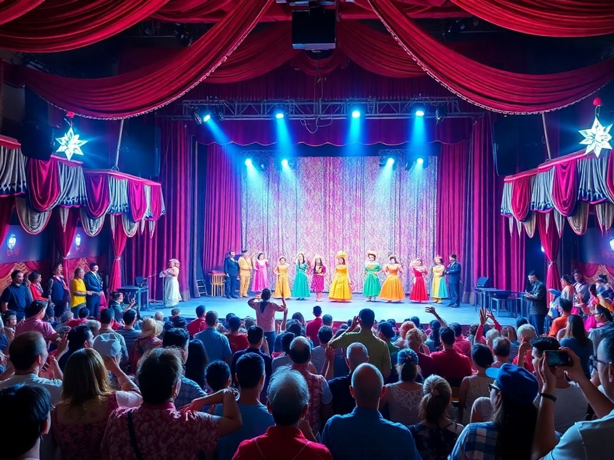 Festival de teatru cu costume colorate si spectatori entuziasti.