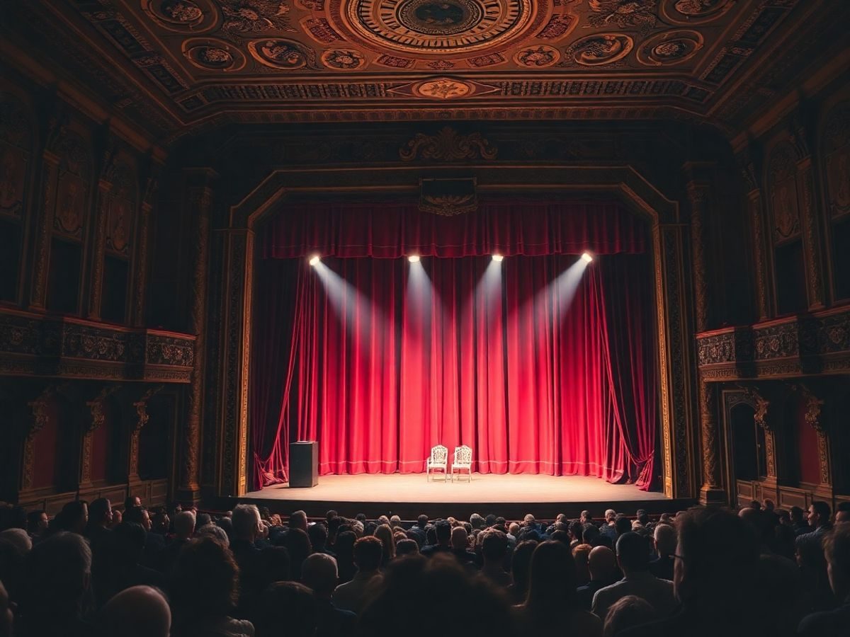 Scena teatrului românesc cu public entuziast.