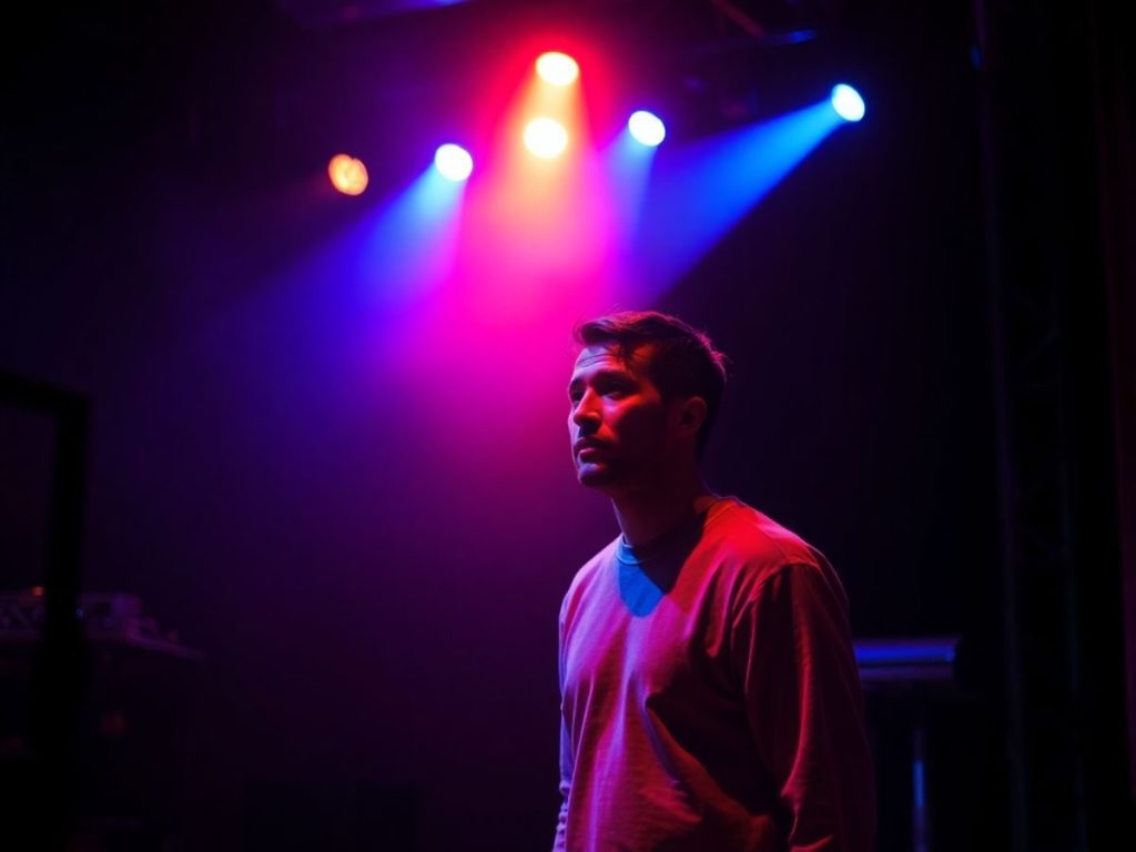 Scenă de teatru independent românesc, lumini artistice.