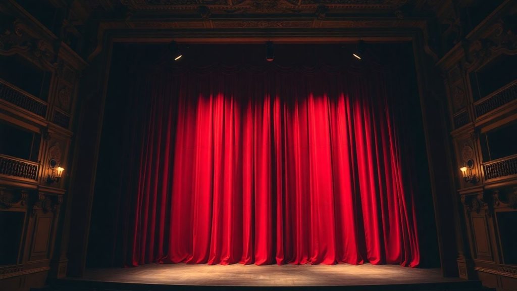 Scenă de teatru clasică cu draperii de catifea și lumini.