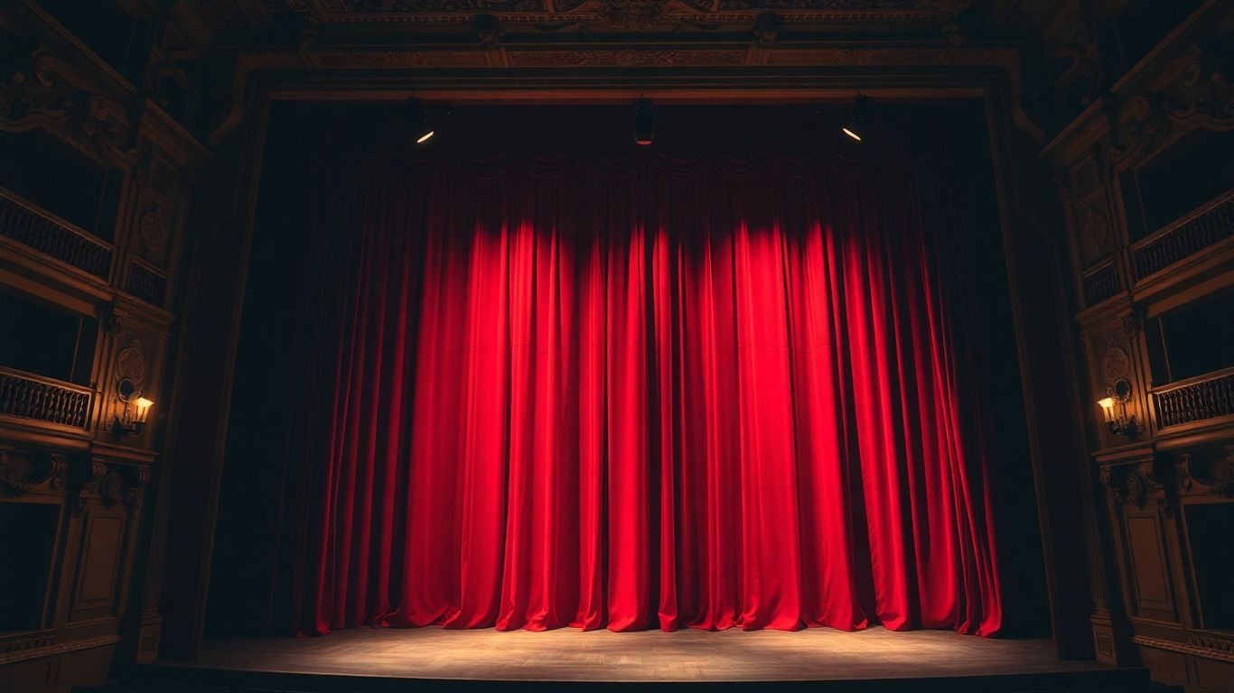 Scenă de teatru clasică cu draperii de catifea și lumini.